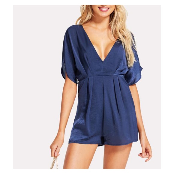 Navy Blue V Neck Short Sleeve Satin Romper - Picture 4 of 5